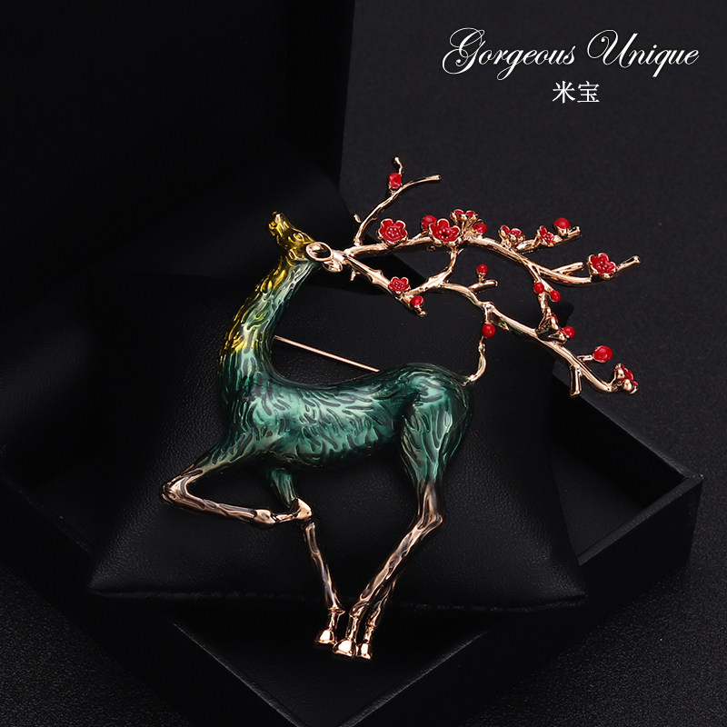 Mibao designer tree deep when you see deer retro hand painted large number of elk deer breast and brooch with plum flower brooch