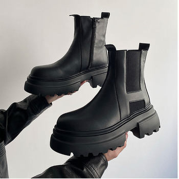 Four seasons black all-match trendy men's chelsea boots zipper men's leather shoes 7cm