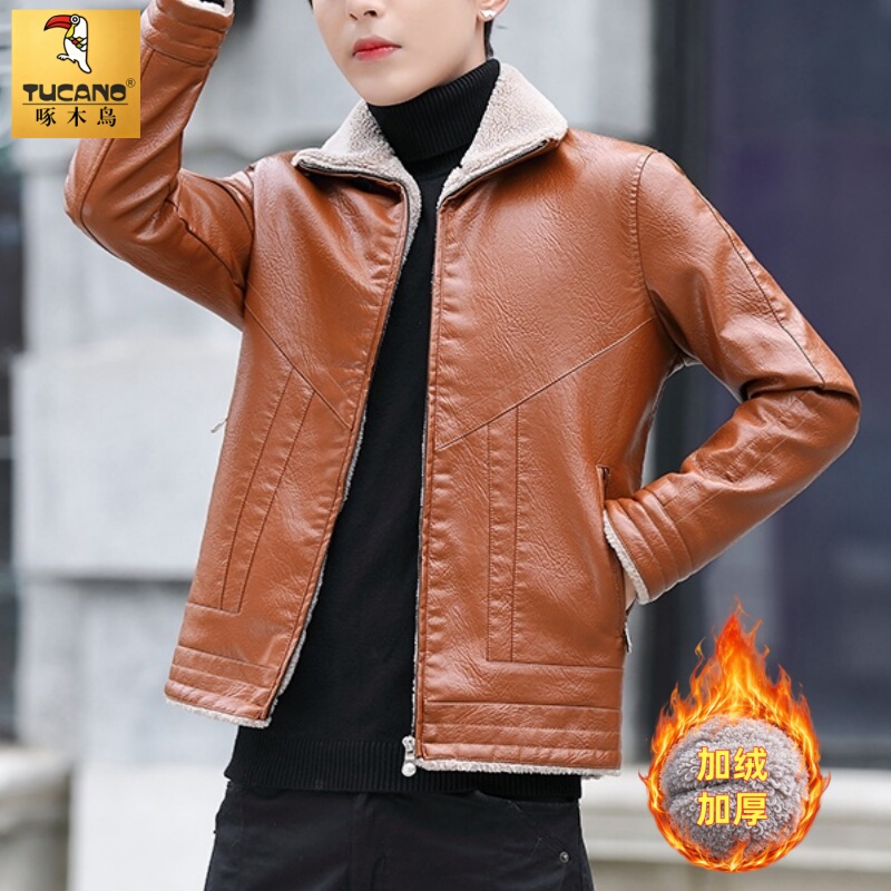 Woodpecker Official Genuine Leather Haining Leather Jacket for Men, Winter Style, Sheepskin and Fur Integrated, Lamb Wool, Fleece-Lined, Thickened Men's Jacket