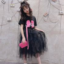 Girls Summer Suit New 24 Medium and Large Childrens Pure Cotton Mid-Length T-Shirt Irregular Cake Mesh Skirt Two-piece Set