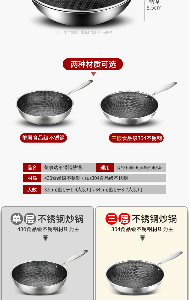 荣事达 全面屏蜂窝304不锈钢不粘炒锅 32cm 图17