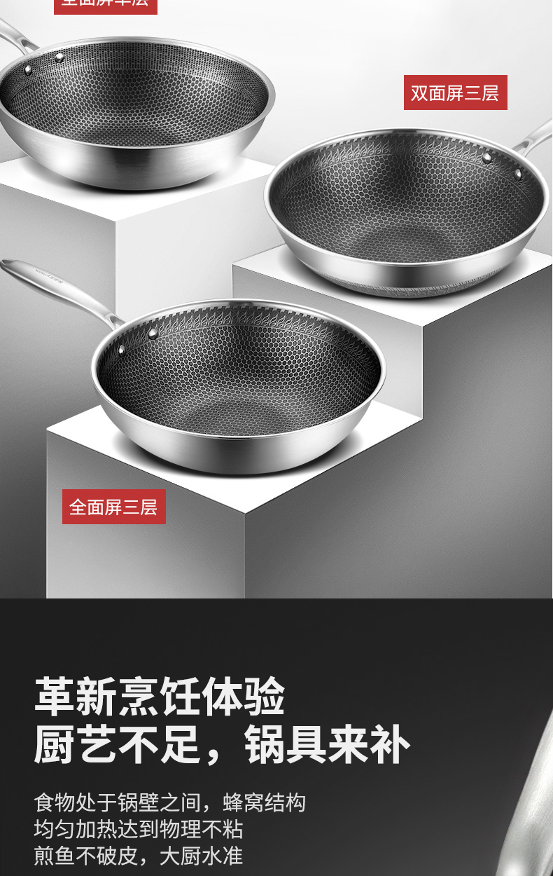 荣事达 全面屏蜂窝304不锈钢不粘炒锅 32cm 图7