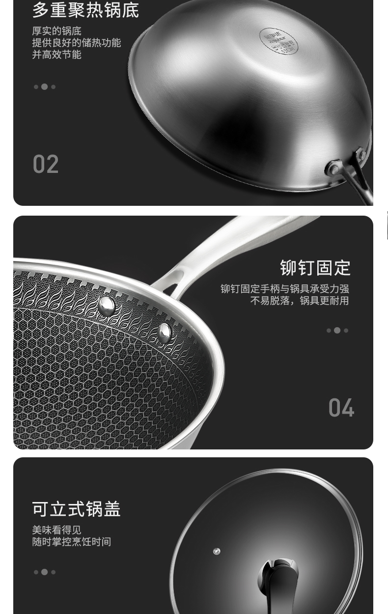 荣事达 全面屏蜂窝304不锈钢不粘炒锅 32cm 图15