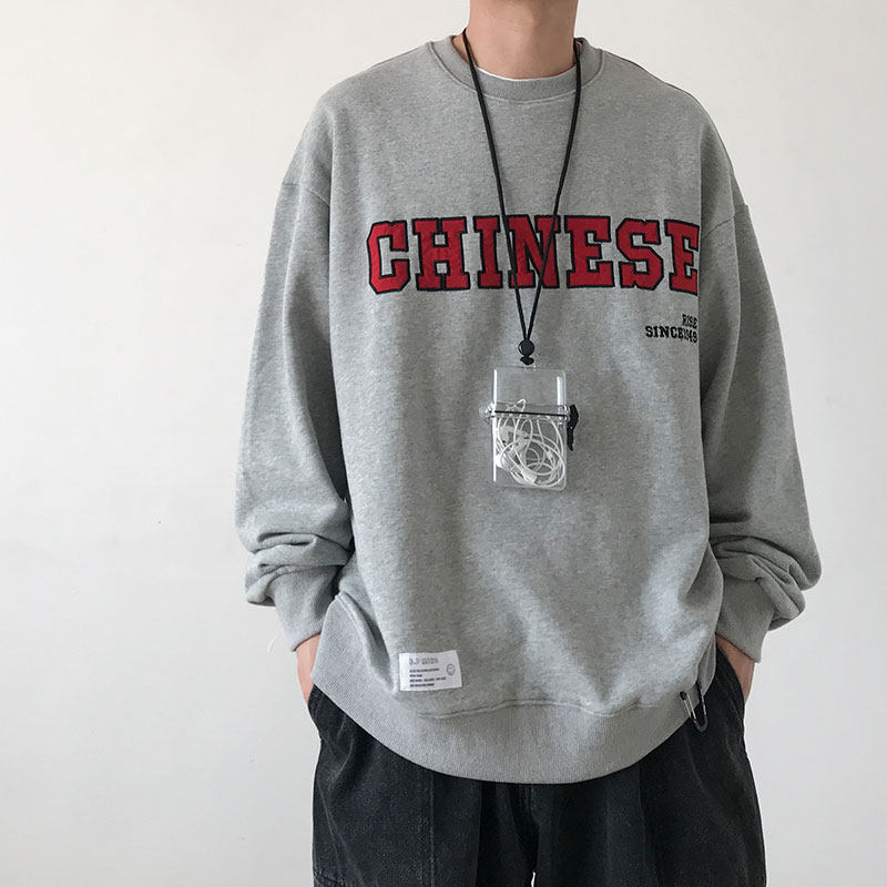 youyifan autumn Japanese retro round neck thick cotton T men and women oversize lazy wind loose Harajuku style embroidery