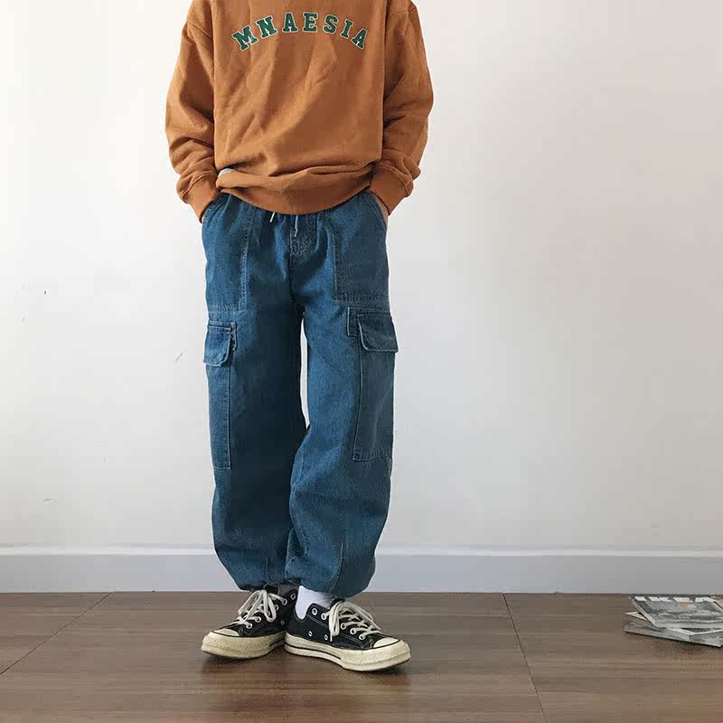 youyifan day tie jeans male and female retro port taste cityboy loose straight drum large pocket tooling washed