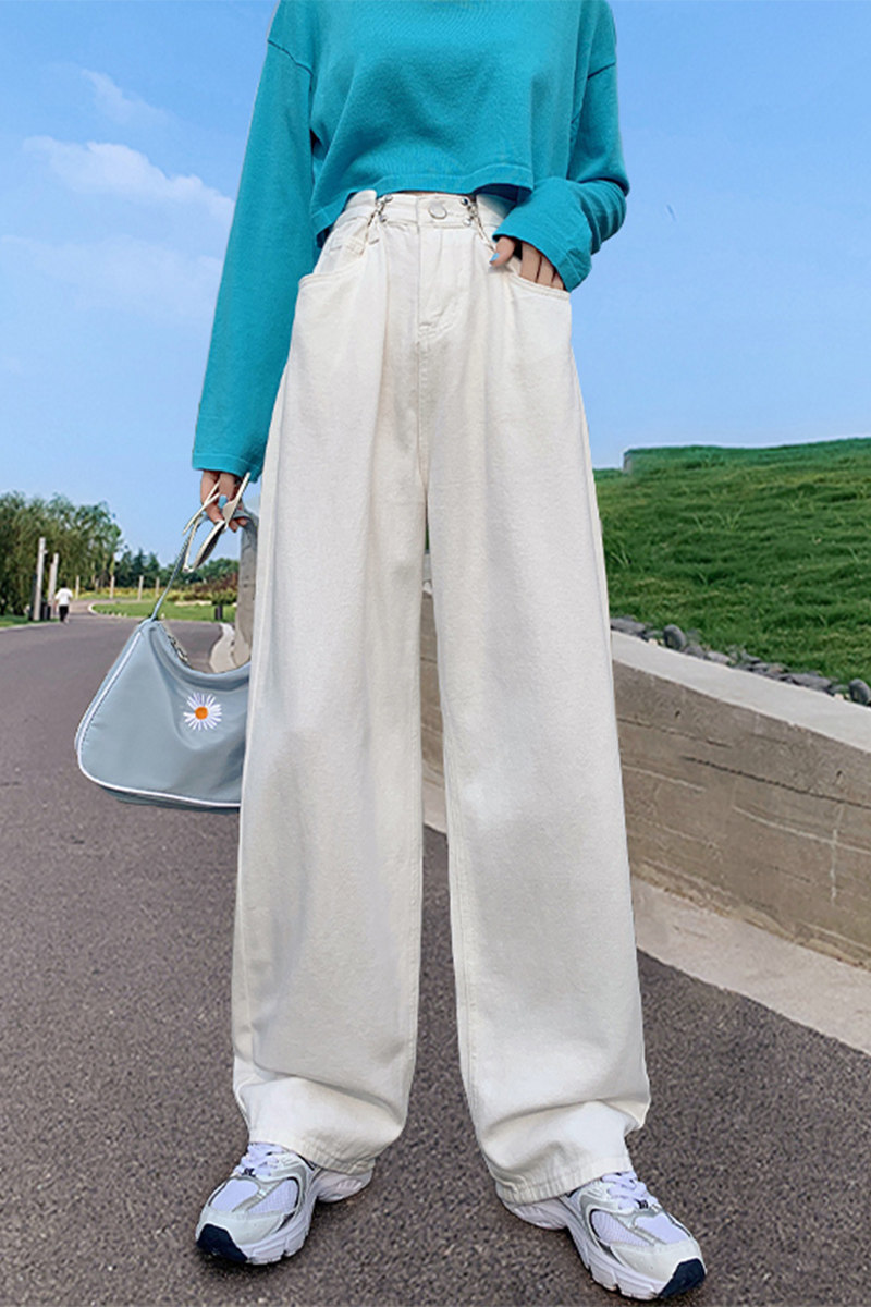 High-waisted white wide-leg jeans women straight loose thin slim sense small dad mopping large size fat mm tide