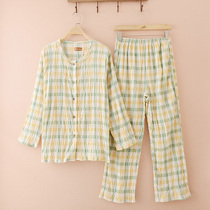 Foreign Trade Outlet Female Pure Cotton Long Sleeve Long Pants Pyjamas Fresh And Lovely Plaid Lady Home Suit Suit