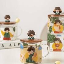 Cute milk fufu design sensation lovers glass cup with lid spoon for home drinking water glass retro men and womens milk breakfast cup