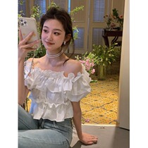Pure desire to be careful with machine lotus leaf side lined with shoulder truffle lock bones Dont make unique short blouses blouses women Summer style pure color shirt