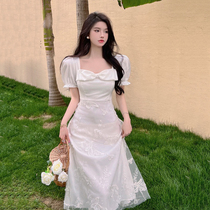 Gentle wind square collar embroidered dress with dress Women Summer design Small crowdsourced Princess Temperament Fairy long dress