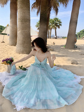 Женское платье 法式气质薄荷绿挂脖吊带连衣裙女夏季三亚海边度假露背超仙女长裙