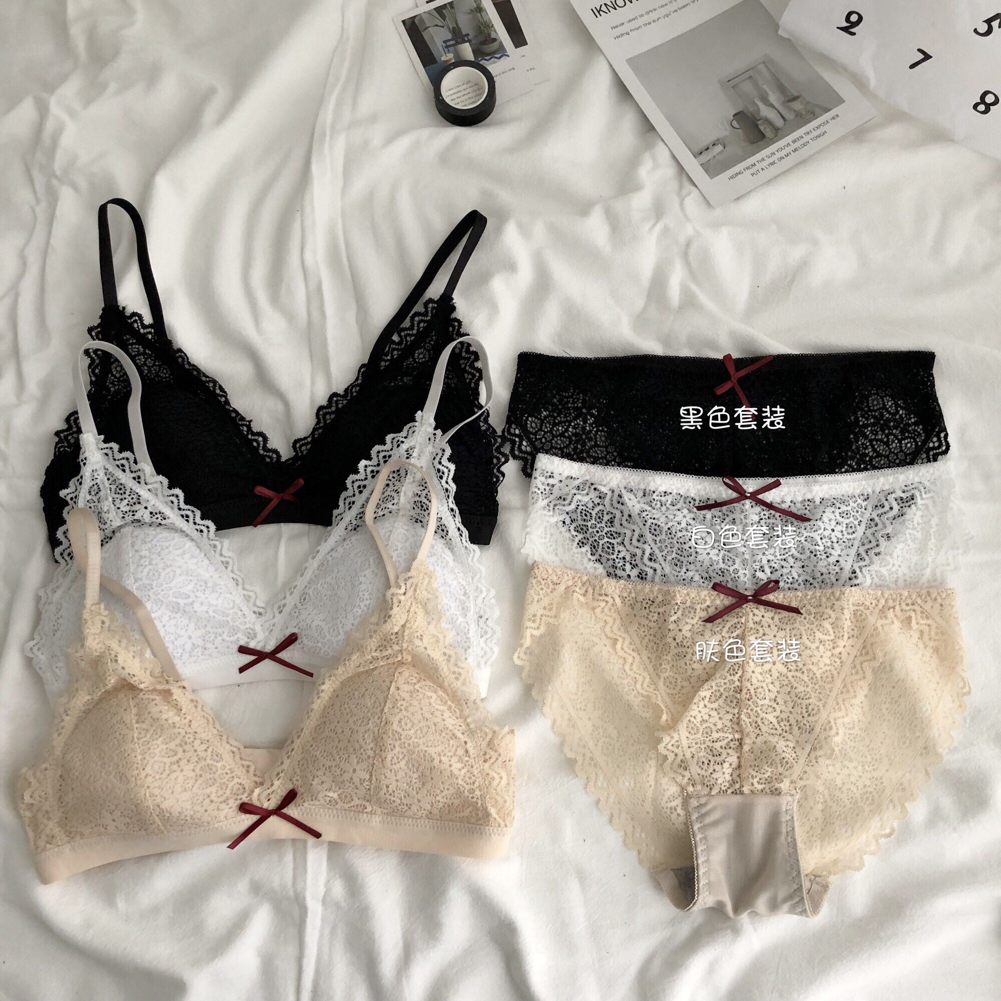 Thin style triangular cup lingerie new female lace small breasted bra Sexy no steel ring comfort lingerie suit