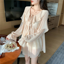 French Super fairy top female 2021 Korean ruffle loose cover meat long trumpet sleeve V neck chiffon shirt