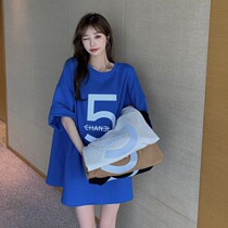 Blue loose T-shirt women 2021 new design sense niche medium long size womens summer short sleeve top