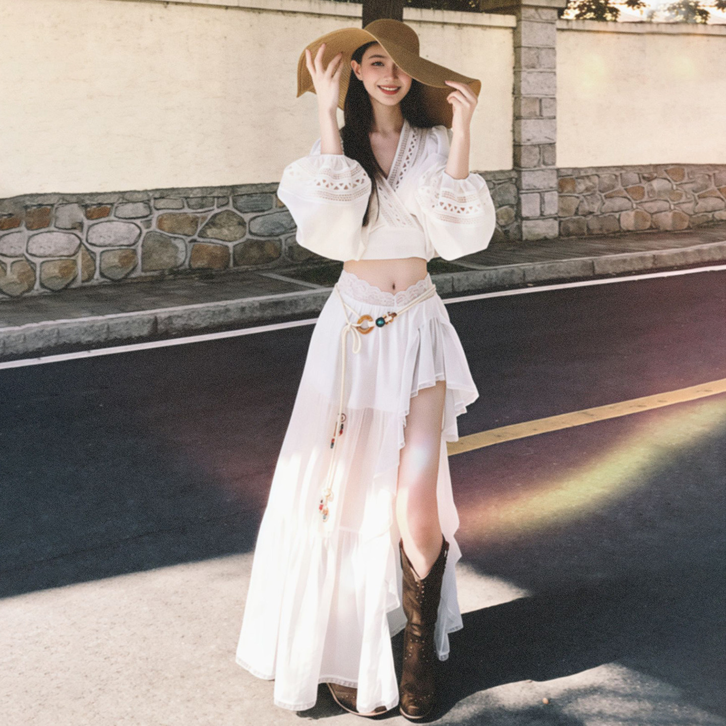Northwest Xinjiang tourism outfit with a set of female niche non collision white long sleeved shirt and irregular skirt