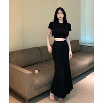 Short T-shirt short sleeve blouse high waist folds irregular fish tail half body skirt long dress suit Womens summer two sets
