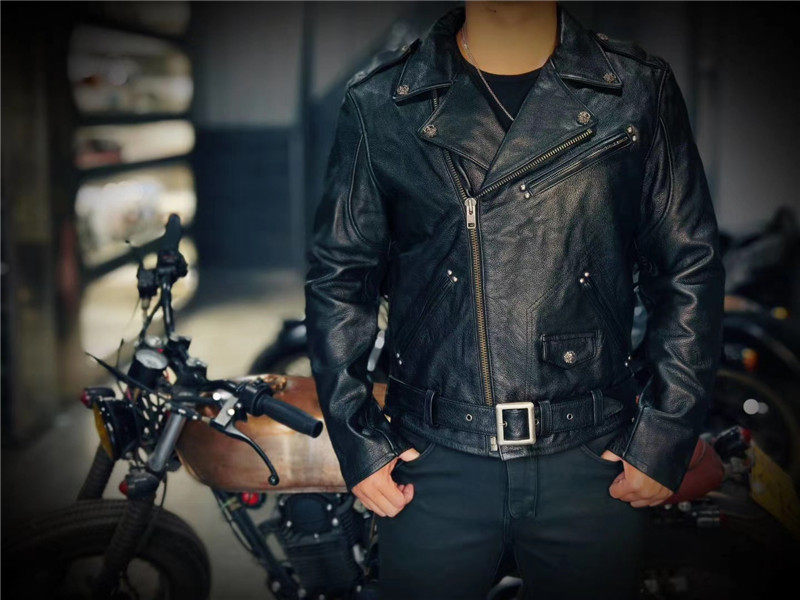 Spot Classic Turned Collar cable-stayed Leather Jacket Hareindian Rider Locomotive Jacket Cow Leather Retro Jacket