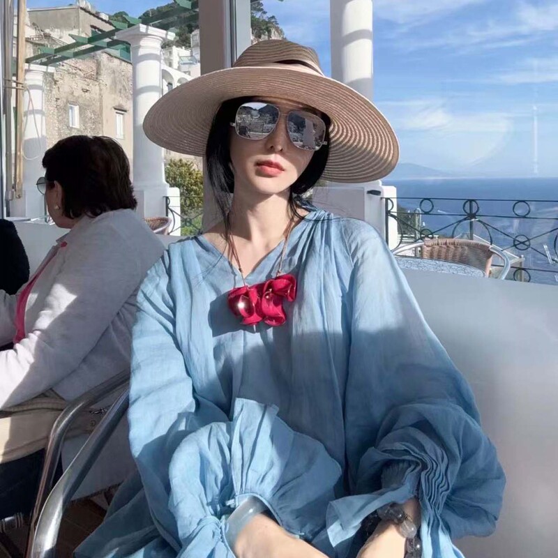 Midsummer Rila Fan Bingbing Style Accordion Pleated Blue Turtleneck Shirt, New Spring/Summer Women's Slightly Sheer Loose Top Midsummer Rila Fan Bingbing Style Accordion Pleated Blue Turtleneck Shirt, New Spring/Summer Women's Slightly Sheer Loose Top