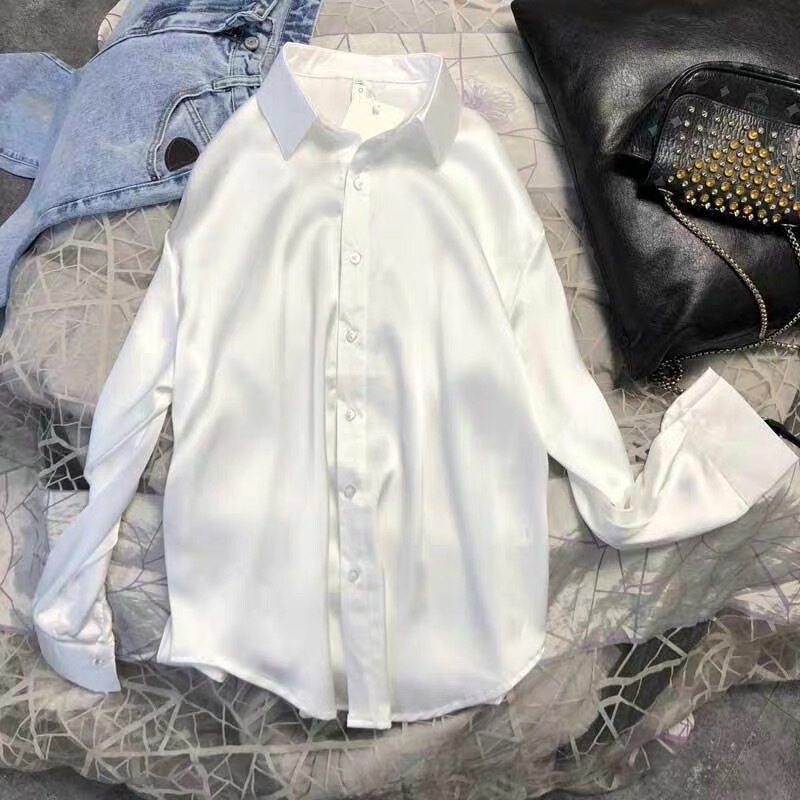 Silk Shirt for Women, Autumn 2022 New Style, Long-Sleeved Satin, Light and Mature, Loose-Fitting Shirt with a Unique Design, Niche White Shirt