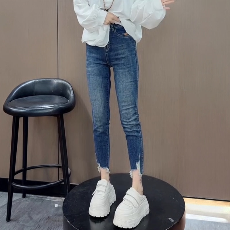 2026 Spring New High-Waisted Retro Blue Slimming Frayed Hem Cropped Skinny Jeans for Petite Women
