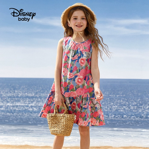 Дисней, летняя юбка, летняя одежда, свежее платье без рукавов, цветочный принт, в западном стиле, короткий рукав