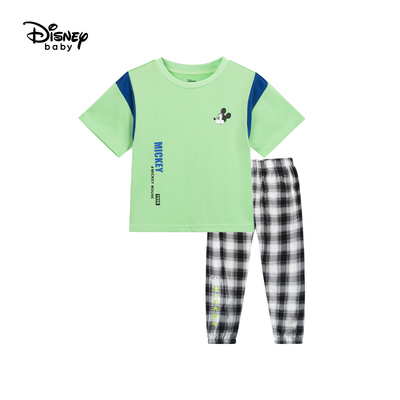 迪士尼童装男童夏装套装短袖T恤格子长裤新款儿童宝宝洋气休闲潮