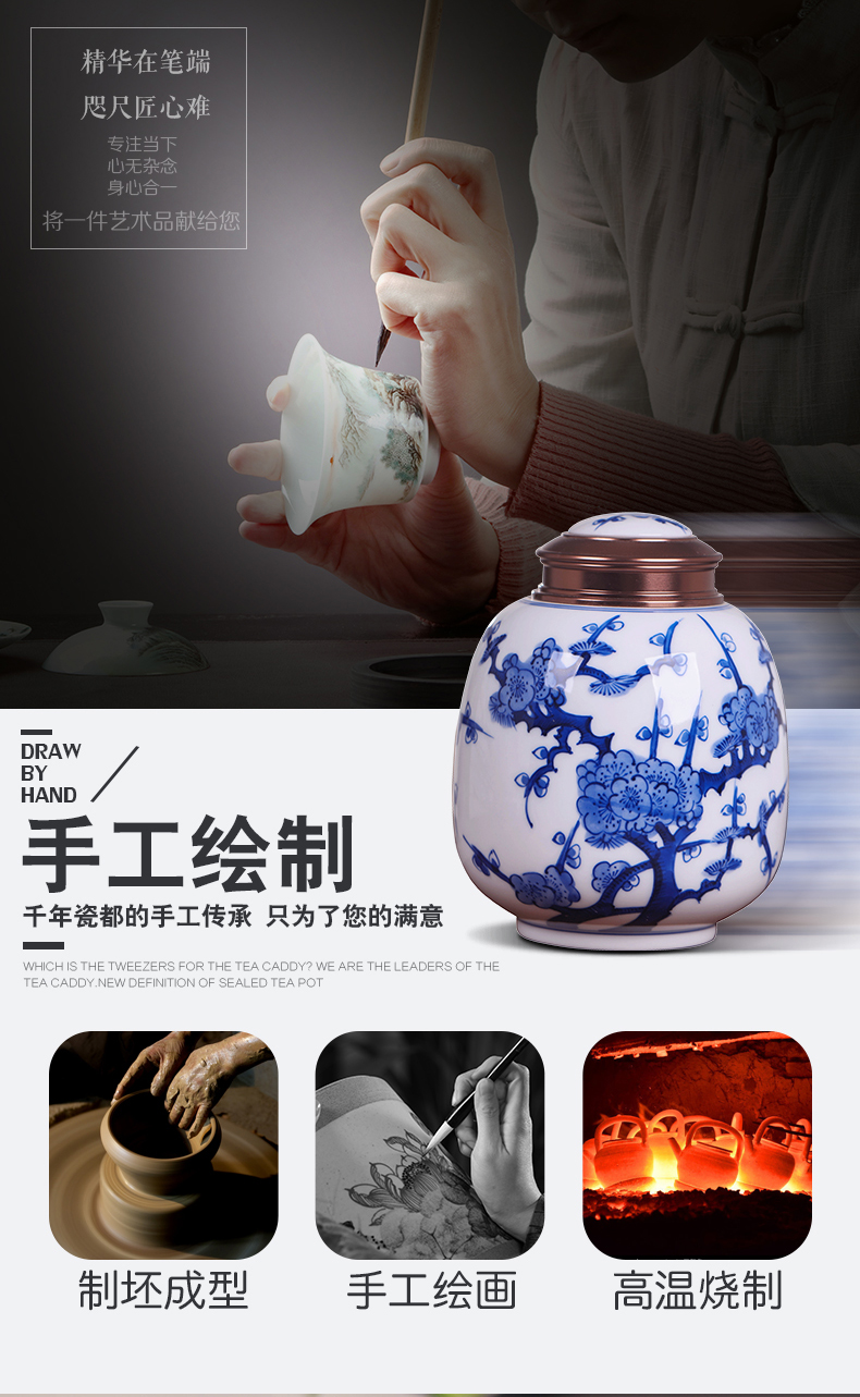 Blue and white porcelain tea pot ceramic seal by hand large half jins to pu 'er tea packaging general moisture tank