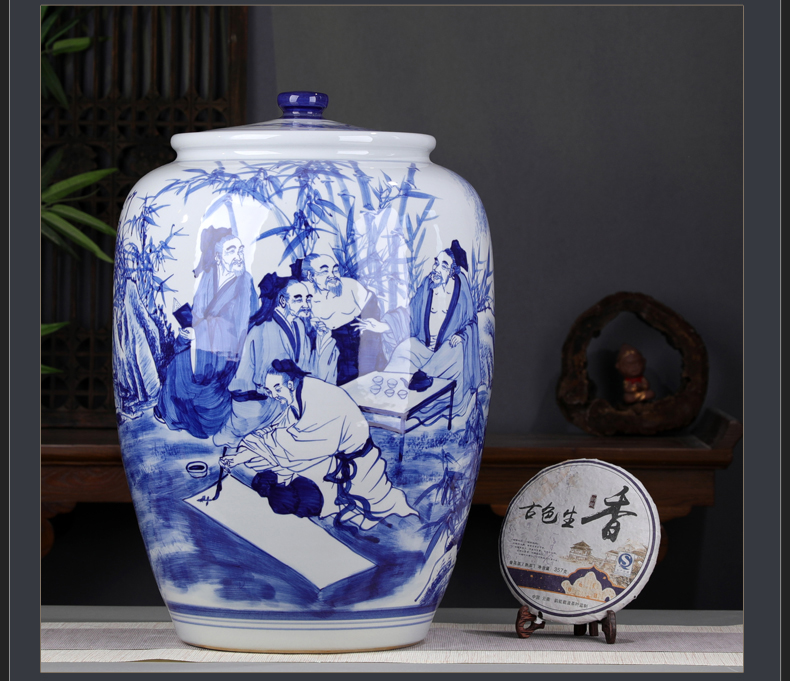 Character hand - made of pu 'er tea pot large blue and white porcelain ceramic pot bamboo seven sages super heavy tea urn tea cake tin