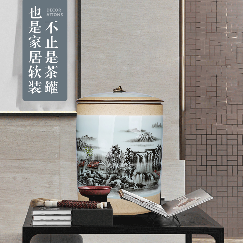 Shadow green landscape straight ceramic tea pot seal moisture large household storage coarse pottery tea barrel