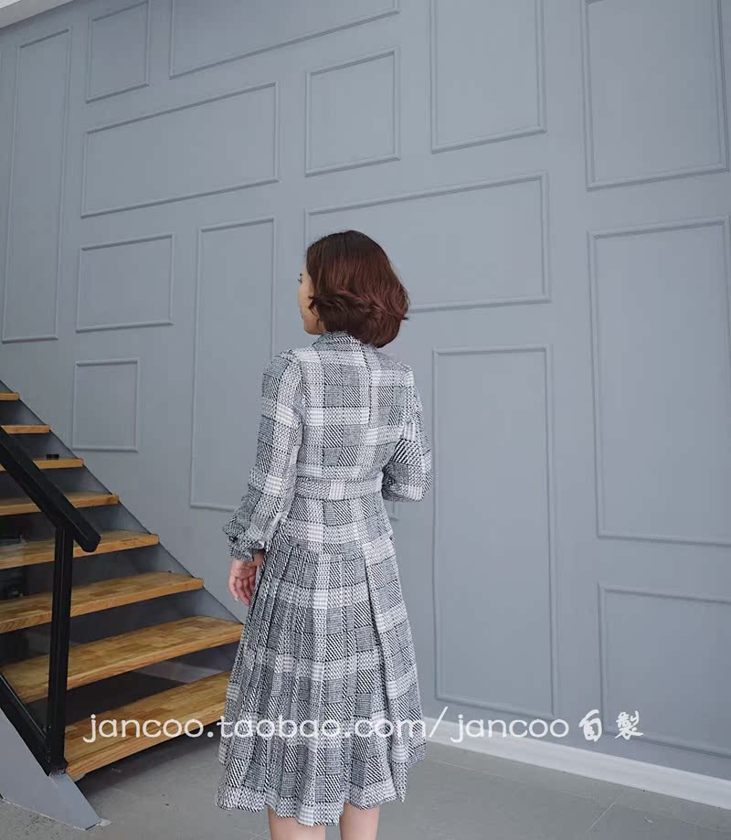 JANCOO mùa thu và mùa đông chất liệu len kẻ sọc là khí chất mỏng trong chiếc áo khoác dài thắt lưng xếp nếp trang phục nước hoa nhỏ thanh lịch vest dạ nữ