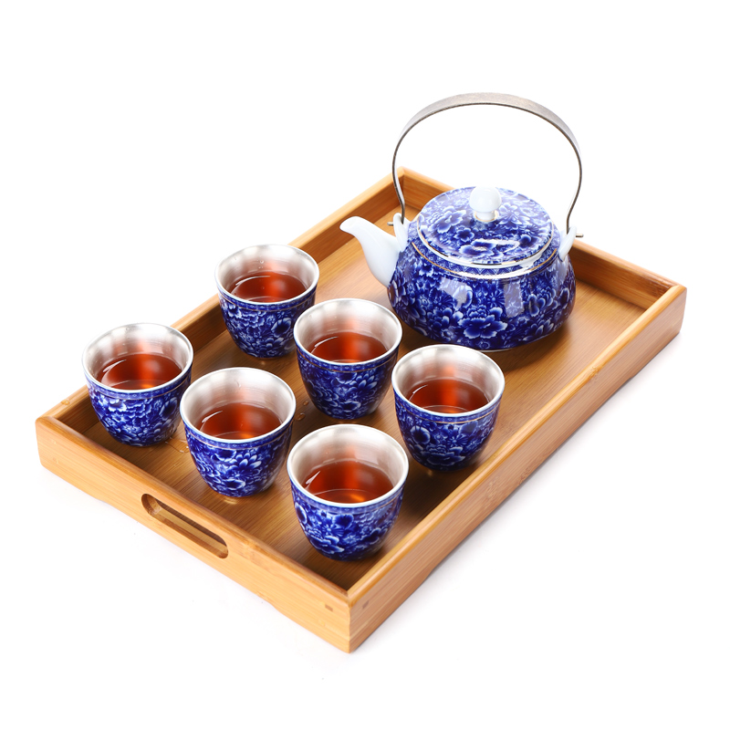 Recreational product is blue and white porcelain household ceramics coppering. As sterling silver 999 girder pot of tea cup teapot suits for bamboo tea tray tea set