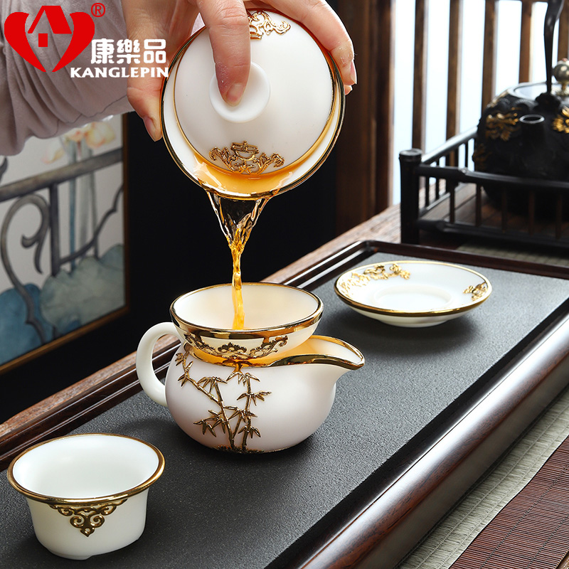 Recreational product an inset jades ceramic white porcelain teapot teacup tureen office of a complete set of kung fu tea set suit household wooden box