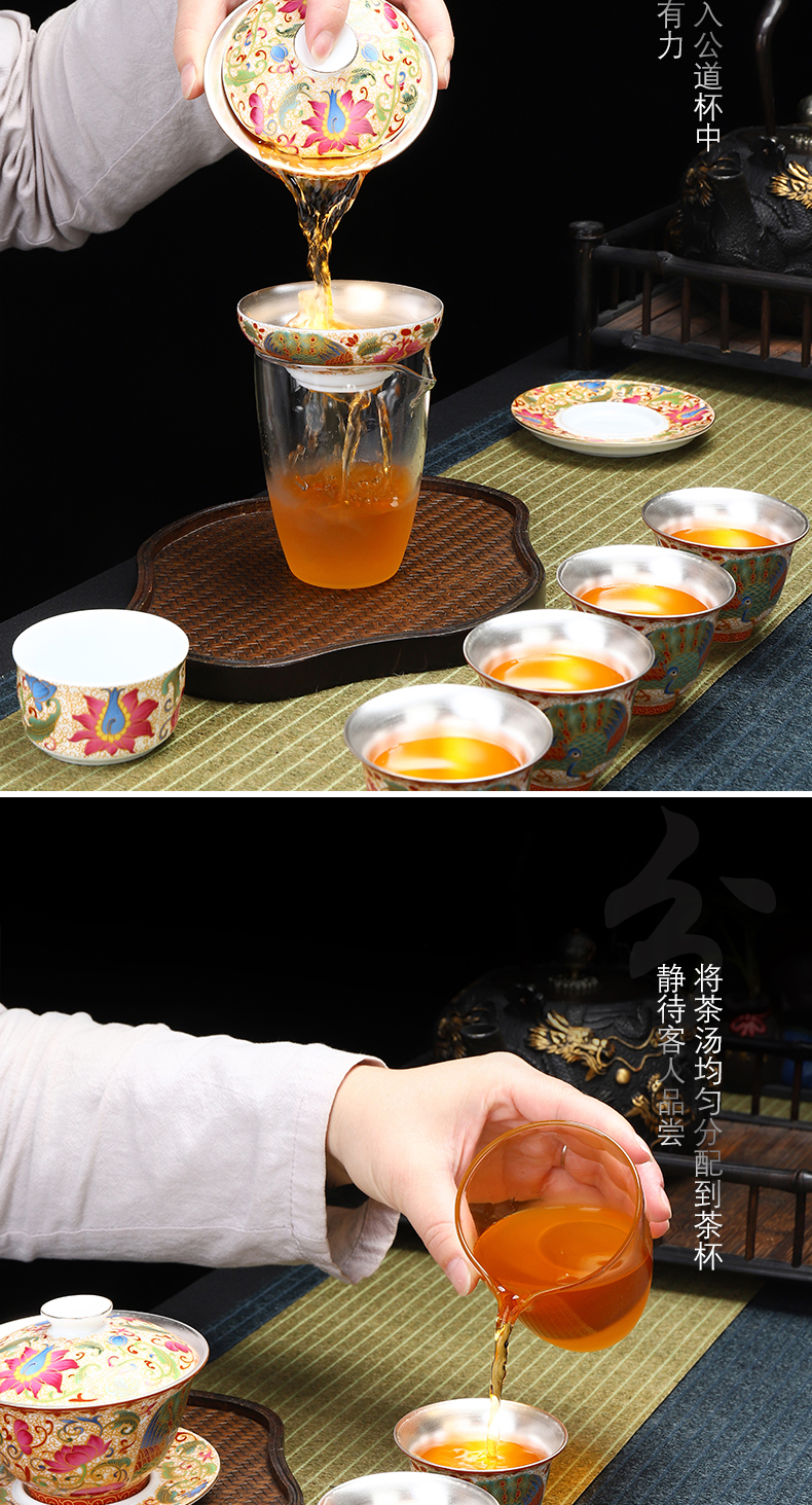 Recreational product coppering. As silver 999 kung fu tea set jingdezhen wire inlay enamel see peony tureen small gift cups