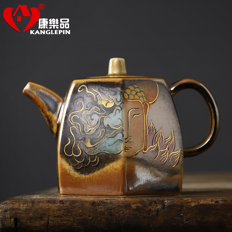 康乐品邓文生敦煌鎏金24K手绘柴烧开片创意六方器，功夫茶的美学