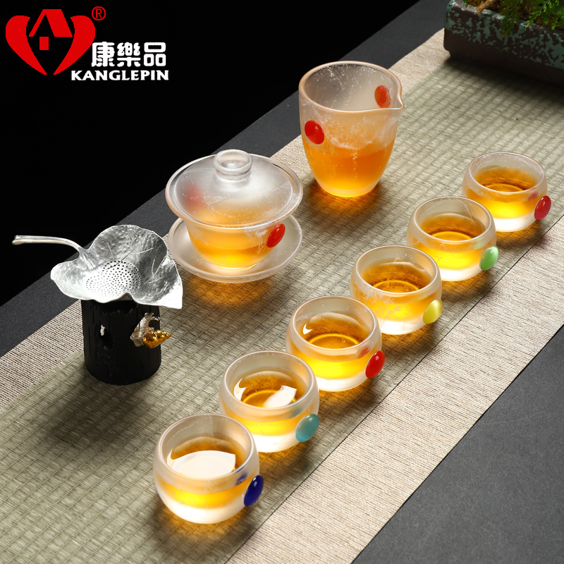 Recreational product kung fu tea sets tea jade inlaid opal ink coloured glaze porcelain teacup set of office home