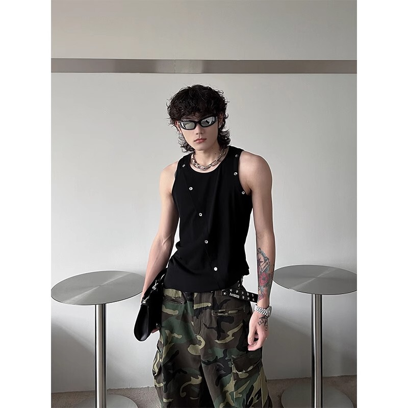 Unique Design Summer Snake Print Ribbed Solid Color Tank Top with Metal Irregular Buttons Sleeveless T-Shirt Unisex