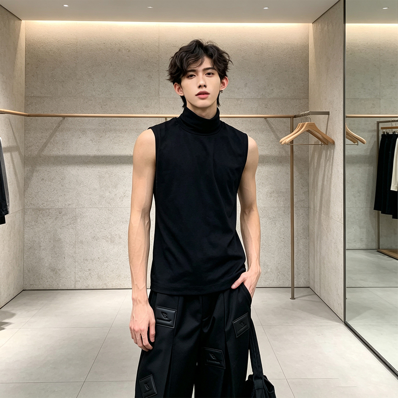 Jiujiujimaku Black High-Neck Fitness Sports Vest for Men, High-End Ascetic Style T-Shirt, Figure-Flattering Sleeveless Jiujiujimaku Black High-Neck Fitness Sports Vest for Men, High-End Ascetic Style T-Shirt, Figure-Flattering Sleeveless
