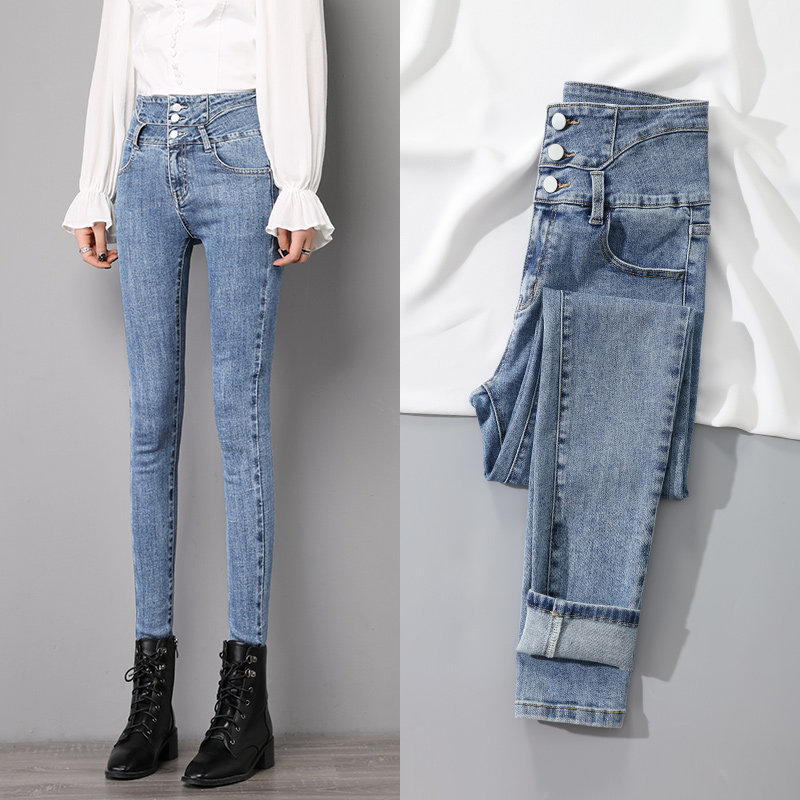 Light blue jeans women's cigarette tube pants slim slim autumn 2021 new high-waisted pants tight pencil pants