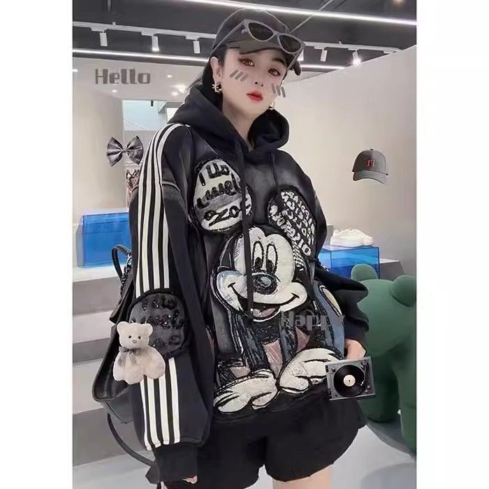 Extra Large Size 150kg Plus-Size Heavy-Duty Rhinestone Three-Stripe Mickey Patch Embroidered Fleece-Lined Hooded Long-Sleeve Sweatshirt for Women