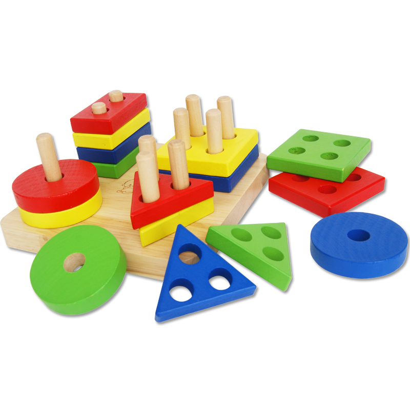 Children's toys Toddlers 1-2-3 years old Geometric shapes Wooden puzzle force board puzzle plug building blocks Baby Montessori early education