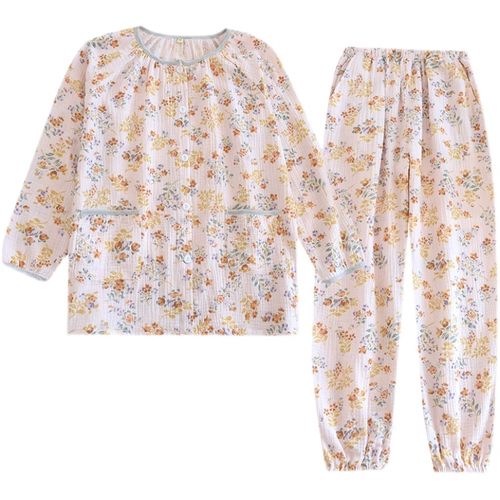 Весенняя хлопковая пижама, лонгслив, штаны, цветочный принт, круглый воротник