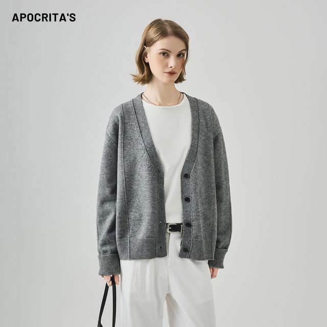 APO Women's Clothing | Light luxury sweater women's autumn and winter Korean style unisex casual loose lazy style V-neck knitted cardigan jacket