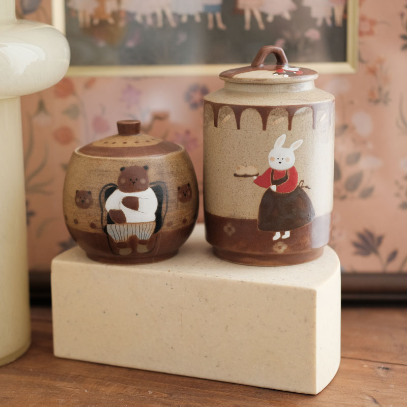 10%OFF】レトロなくまとうさぎの陶器収納ジャー / 茶筒・キャンディ
