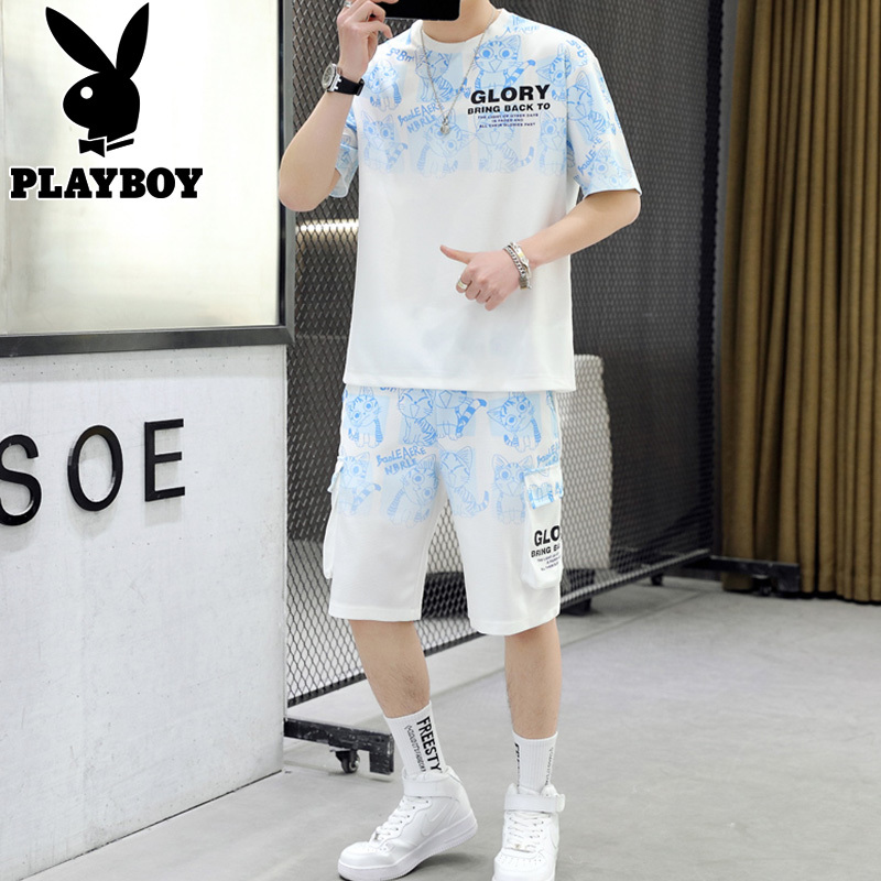 Playboy Suit Men's Summer Short-Sleeved T-Shirt Loose Trendy Brand Set of Clothes Handsome Teenagers Two-Piece Set Thin