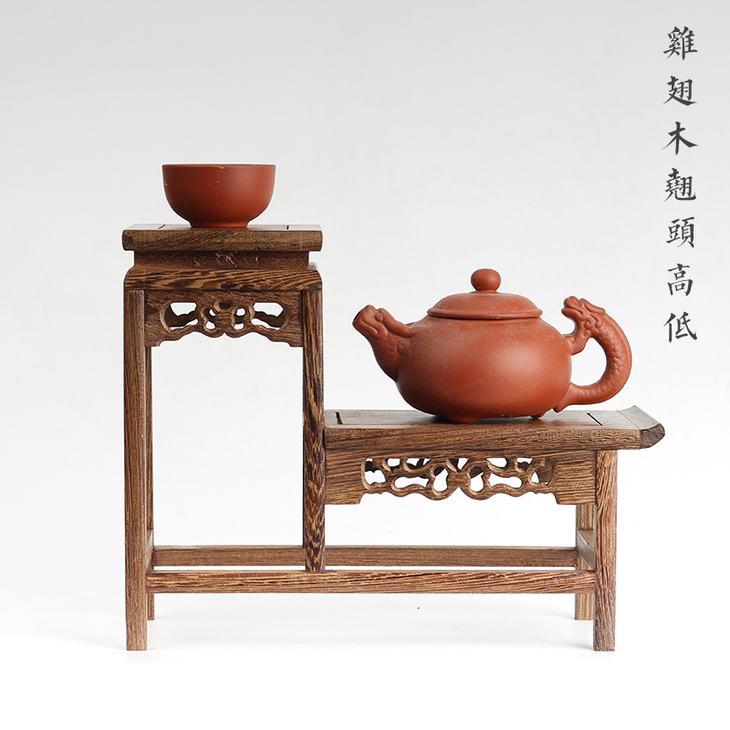 Red Wood Carving Chic Jade Bonsai Pendulum with base teapot Antique Bogu Shelf Multi-Treasure Rack Chicken Wings Wood High And Low Teething