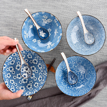 Day Style Large Noodle Bowl Home Ceramic Eating Noodles Bowl Jingdezhen Green Flower Porcelain Soup Noodle Bowl Pull Noodles Bowl Spoon Chopstick Suit