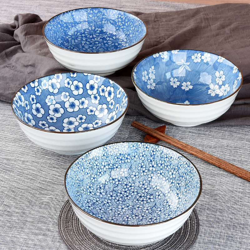 Day Style 7-Inch Noodle Bowl Home Ceramic Eating Noodles Bowl Jingdezhen Green Flower Porcelain Soup Noodle Bowl Big Pull Noodle Bowl