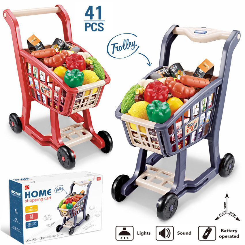 Foreign Trade Children's Simulation Supermarket Shopping Cart Set Lighting Music Supermarket Fruits and Vegetables Shopping Play House Toys