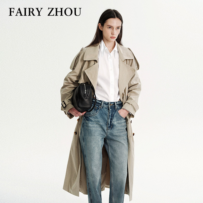 FAIRY ZHOU | 2026 ケンダル・ジェンナー着用の最高級フローコットンミドル丈カーキトレンチコート