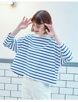 Japanese Order Autumn and Winter New Product Japanese Classic Sailor Stripe Off-Shoulder Loose Fit Women's Eight-Sleeve T-Shirt
